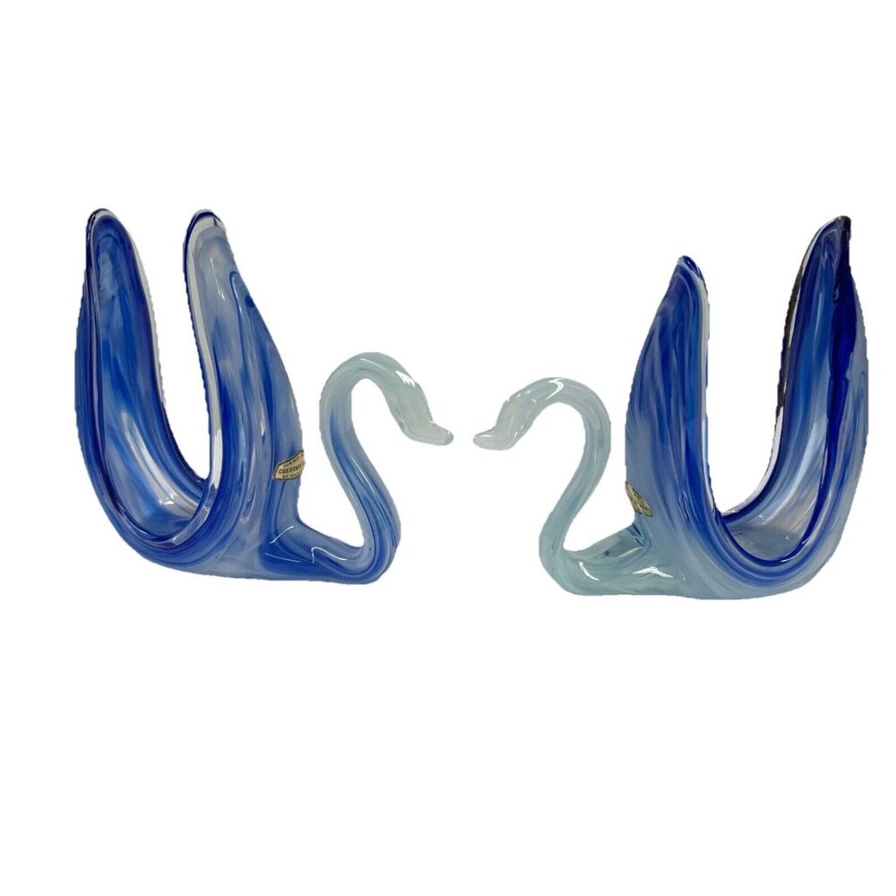 Set Of 2 Swans Handmade Cherokee Glass By Wagon Hill Blue
